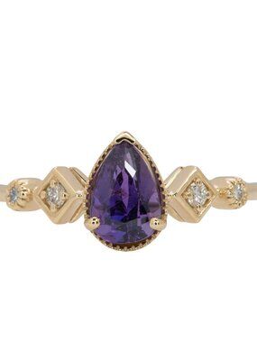 1.18Ct Pear Purple Sapphire & Diamond Ring in Solid 14K Yellow Gold